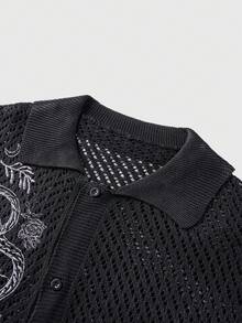 ROMWE MEN Street Life Hollow Embroidered Black Front Button Men's Casual Short Sleeve Knit Top - Black - View 3