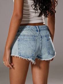 TRNVIE Women's Casual Distressed Denim Shorts With Slant Pockets, Summer - Light Wash - View 2