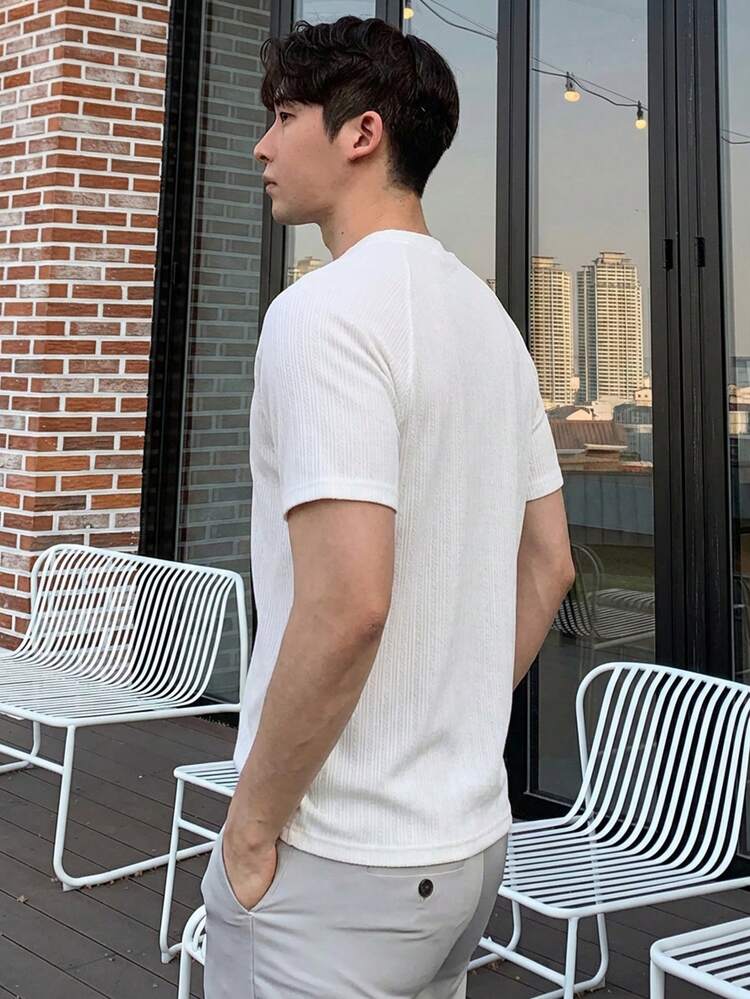 Men's White Short Sleeve Textured Fabric T-Shirt, Summer