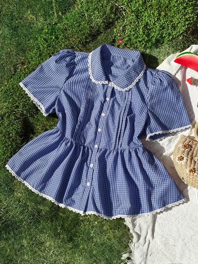 Sweetra Spring, Summer, Fall New Boho Vacation Elegant Lace Ruffle Plaid Babydoll Dress Short Sleeve For Petite Women Peter Pan Collar Blouse. Korean Summer Fresh Plaid Short Sleeve Shirt For Women Sweet Versatile Retro Babydoll Blouse Top Cute Vintage Countryside Style