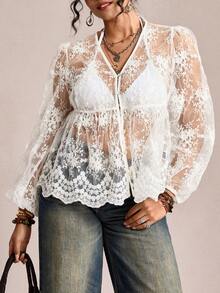 SHEIN LUNE 刺绣贝壳纽扣薄纱大码女式灯笼袖衬衫，适合嘉年华派对、海滩休闲、情人节等场合 - 白色 - 查看 2