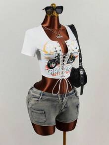 Mistrie Tie-Up Cropped Short Sleeve Printed T-Shirt, Summer - Multicolor - View 5