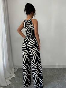 Elenzga Bộ jumpsuit nữ bằng vải in họa tiết, thắt eo, thanh lịch, thích hợp cho kỳ nghỉ và mặc hàng ngày. - Nhiều màu - Xem 2