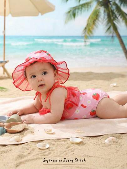 Cozy Pixies 2pcs/Set Newborn Baby Boy/Girl Strawberry Print Vacation Romper Swimsuit With Cute Sun Hat Set