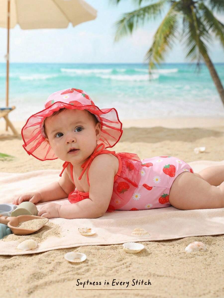 Cozy Pixies 2pcs/Set Newborn Baby Boy/Girl Strawberry Print Vacation Romper Swimsuit With Cute Sun Hat Set - Pink - View 1