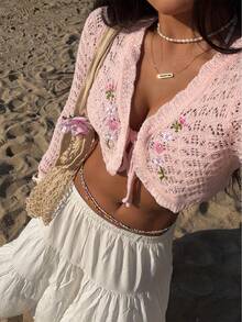 Sunnyshic Sexy & Fashionable Floral Cardigan For Women, Suitable For Vacation - Pink - View 1