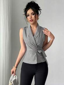 Chiquease Blusa sin mangas con fruncido y envolvente de unicolor para mujer - Gris - Ver 4