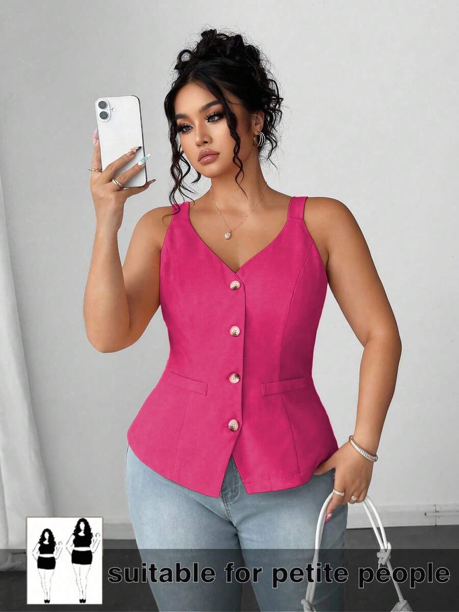 SHEIN PETITE 大码女式夏季休闲度假日常通勤简约纯色单排扣修身吊带衫 - 玫紅色 - 查看 1
