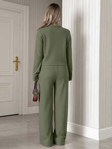 EURMUSE Petite Size Women 2 Pieces Casual Long Sleeve Top And Pants Set - Mint Green - View 2