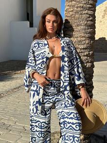 EURMUSE Blue & White Print Kimono Lounge Set – Open Front Top & Wide-Leg Pants, Chic Two Pieces Outfit - Blue and White - View 5