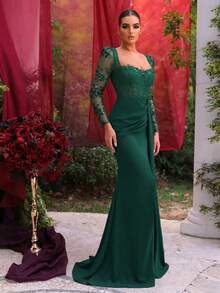 Glamrae Elegante abito lungo con maniche lunghe in pizzo nero e paillettes, con inserti trasparenti in vita, fatto a mano con paillettes, con spacco laterale a sirena, adatto per appuntamenti, lauree, matrimoni ed eventi formali - Verde Scuro - Visualizzare 5