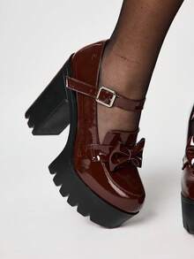 ROMWE Kawaii Giày cao gót đế xuồng bằng da bóng kiểu Gothic dành cho nữ, giày lười phong cách Punk với một quai, nơ và khóa vuông bằng kim loại; giày nữ gợi cảm cho các câu lạc bộ đêm, tiệc tùng và kỳ nghỉ. - màu nâu - Xem 3