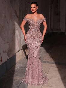 Glamrae 优雅奢华的珍珠亮片花卉露肩鱼尾裙，适合婚礼、派对、度假、晚宴、正式场合（装饰繁复） - 藕粉色 - 查看 3