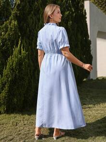 Juhart Đầm mùa hè dáng rộng dành cho nữ, họa tiết kẻ sọc, viền bèo nhún. - Xanh và trắng - Xem 2