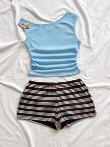 Soleia 新款休闲度假西部海滩婚礼宾客着装毕业早午餐女士圣帕特里克节春假复活节音乐节优雅波西米亚热带风情棕色纹理毛绒不对称肩部花卉露背两件套 - 彩色 - 查看 4