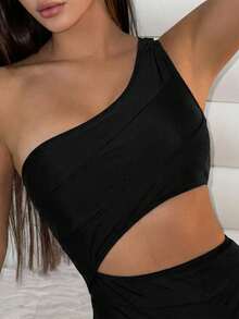 Swim Vcay 1pc Women's Solid Color Cutout Shoulder One-Piece Swimsuit, Fashionable For Beach & Pool - Black - View 3
