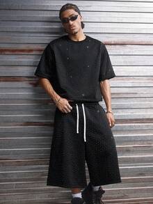 AXEPEAK Men's Hip Hop Fashion Short Sleeve T-Shirt Set - Black - View 2