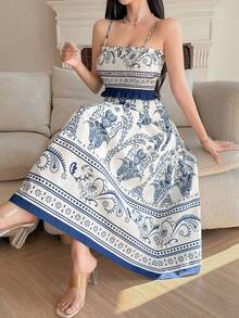 DAZY 女士优雅印花吊带背心和A字裙两件套，夏季婚礼宾客礼服 - 藍色 - 查看 5
