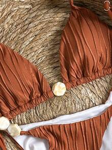 Swim Vcay 2件套女士纹理比基尼套装，撞色装饰，性感沙滩派对休闲度假泳装 - 鏽棕色 - 查看 4