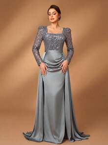 Serin Đầm maxi dài tay dáng đuôi cá sang trọng, thanh lịch với họa tiết ngọc trai và sequin, chất liệu satin xuyên thấu, phù hợp cho đám cưới, tiệc tùng, kỳ nghỉ, dạ hội, hoặc làm đầm cho mẹ cô dâu (đính kết cầu kỳ). - Xám - Xem 7