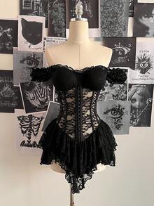 Attitoon 女士休闲复古束身蕾丝紧身不对称下摆迷你连衣裙，适合Y2K风格 - 黑色 - 查看 6