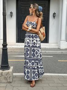 Pariaura 女士全印花休闲度假吊带裙 - 藍色 - 查看 3