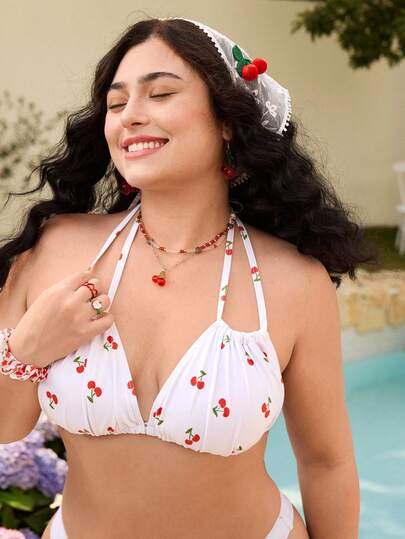 Swim Mod Plus Size Women Cherry Print Tie Front Swimwear Top