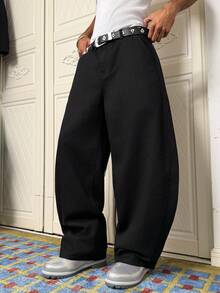 Manfinity EMRG Men's Graphic Print Slant Pocket Casual Loose Fit Jeans - Black - View 4