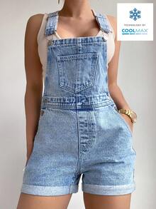 Flexra Jumpsuit Denim Kasual Wanita dengan Saku dan Hem yang Dapat Digulung, Musim Panas - Light Wash - View 5