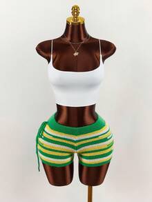 Amplova Y2k Women's Casual Patchwork Knot Design Versatile Daily Wear Knit Shorts Summer Holidays Carnival Costume Spring Women Beach Vacations Women Elegant For Women Vacations Y2k Party Valentine's Day Summer For Women Spring - Army Green - View 8