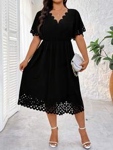 Elenzga Đầm mùa hè đa năng dành cho nữ cỡ lớn, chất liệu cắt laser, họa tiết cháy, dáng rộng, cạp chun. - màu đen - Xem 7