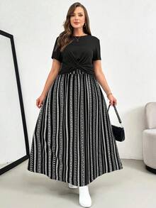 Shapeblank 大码女装春夏时尚休闲弹力舒适日常显瘦两件套：黑色短袖上衣和黑白条纹长裙，夏季服装，度假装 - 黑與白 - 查看 6