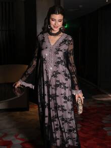 Al Najma 优雅蕾丝长袖连衣裙，性感迷人，适合派对穿着 - 黑色 - 查看 7