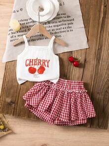 SHEIN Baby Girl Cute Casual Cherry Pattern Knit Camisole & Plaid Elastic Waist Shorts Set - Multicolor - View 1