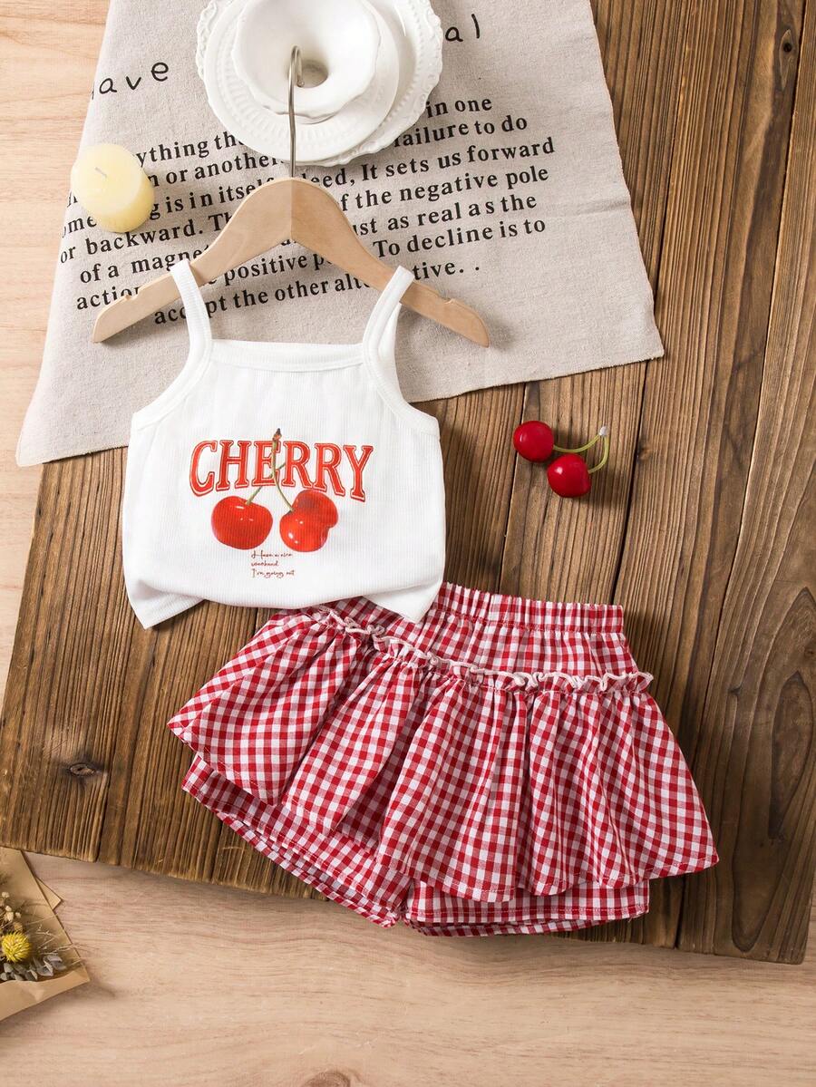 SHEIN Baby Girl Cute Casual Cherry Pattern Knit Camisole & Plaid Elastic Waist Shorts Set - Multicolor - View 1