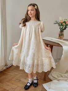DAZY Tween Girl Jacquard Crew Neck Short Puff Sleeve Ruffle Hem Cute Dress - Beige - View 1
