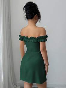 Elenzga Đầm nữ lãng mạn cổ bèo nhún, trễ vai, thắt eo - Màu xanh lá cây đậm - Xem 2