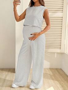 SHEIN 两件套孕妇休闲条纹背心和阔腿裤套装，夏季 - 黑與白 - 查看 6