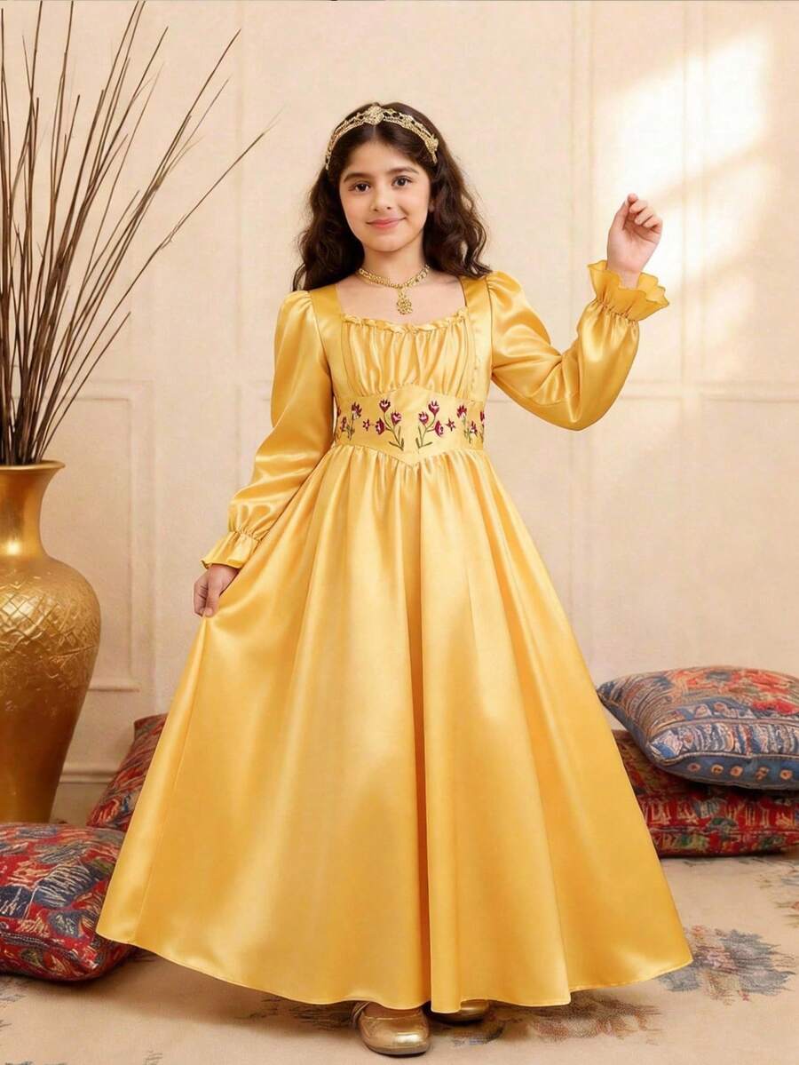 SHEIN Đầm dài tay cổ vuông thời trang và thanh lịch dành cho bé gái tuổi teen - Màu vàng - Xem 1