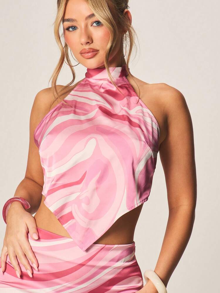 MISSGUIDED Halter Crop Top And Midi Skirt With Swirl Pattern
