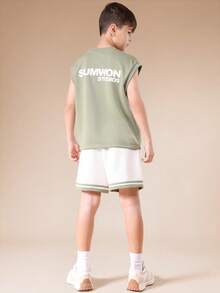 SUMWON Summer Tank Top And Shorts Co Ord Set With Graphic Print And Contrast Hem Detail Casual Two Piece Outfit - Dark Green - View 1