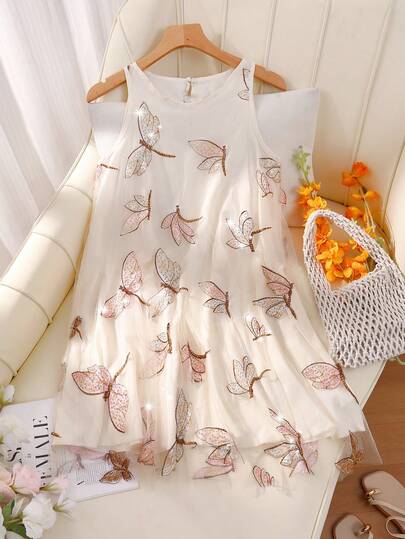 GlowEve CURVE Plus Size Women's Summer Casual Elegant Minimalist Round Neck Sleeveless Dragonfly Mesh Patchwork Short Apricot Dress