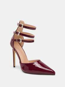 Glitzique Sepatu Hak Tinggi Wanita dengan Kancing dan Bahan Cermin, Model Baru 2026, Warna Merah Anggur, Elegan, Sepatu Pesta Musim Semi dan Musim Panas - Burgundy - View 4