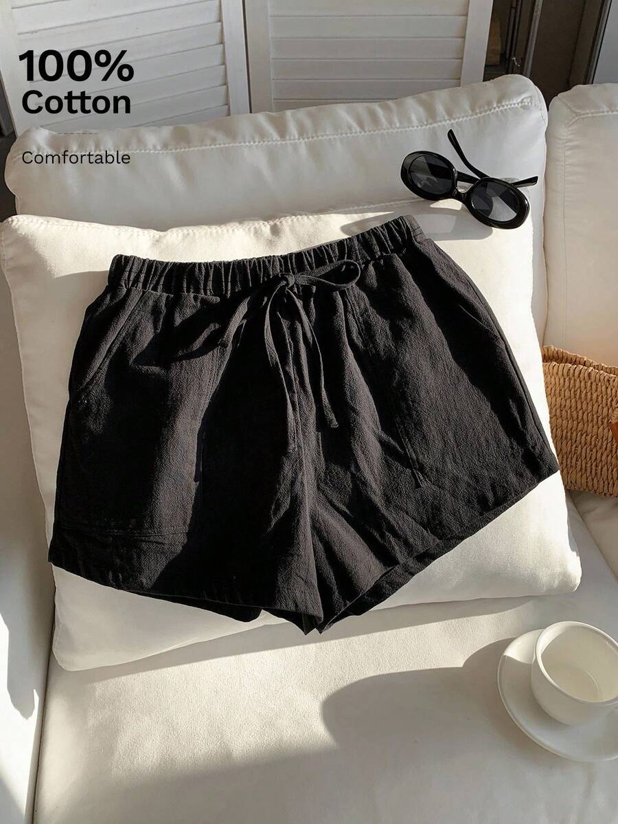 SHEIN EZwear 大尺碼女款梭織運動短褲 - 黑色 - 查看 1