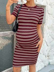 SHEIN Maternity Striped Round Neck Short Sleeve Fitted Casual Dress - Burgundy - View 5