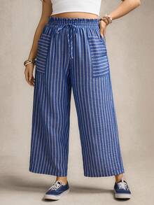 Zelara Plus Size Women's Valentine Striped Print Summer High Waist Loose Casual Pants With Pockets, Suitable For Fall And Autumn - Multicolor - View 6