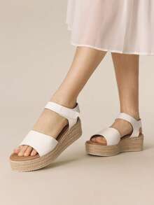 Styleloop 女士时尚纯色编织休闲坡跟凉鞋，波西米亚风度假复古 Vespa 帆布坡跟踝带凉鞋，春夏鞋款，春假复活节 - 白色3 - 查看 4