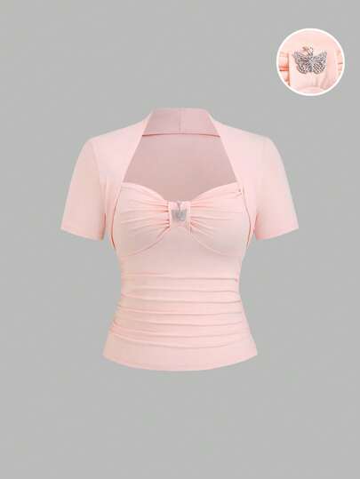 Sweetra 女士可爱浅粉色心形领蝴蝶金属装饰短袖上衣