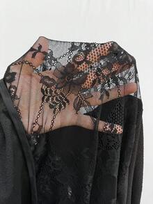 Rustia Gaun Hitam Wanita Ukuran Plus Tanpa Bahu dengan Detail Kerut, Gaun Bodycon Ruffle Lengan Panjang Berlubang Renda, Gaun Malam Formal Elegan untuk Pesta Klub Musim Gugur - Hitam - View 6