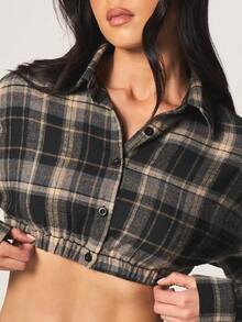 MISSGUIDED 短款格纹衬衫，松紧腰带，长袖格纹上衣，适合秋冬休闲叠穿 - 彩色 - 查看 5